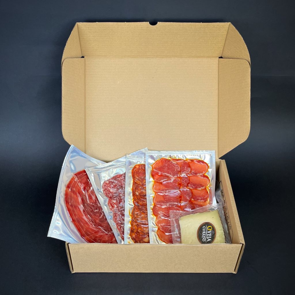 Pack of Sliced Iberian Sausages. Iberian Sausage 50% Iberian Breed and Cebo Ham 50% Iberian. Cured Sheep Cheese. 3x100g, 1x90g.