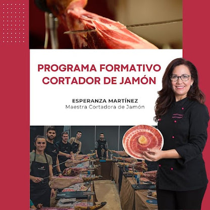 Programa Formativo Cortador de Jamón: Curso Cortador de Jamón + Libro Teórico + Juego Cuchillos Profesional + Mandil de Cortador + Título Acreditativo + Envasado de tu jamón